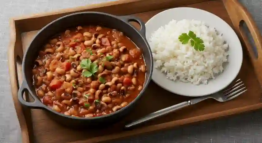 Ragout de niébé à la sauce tomate, riz blanc