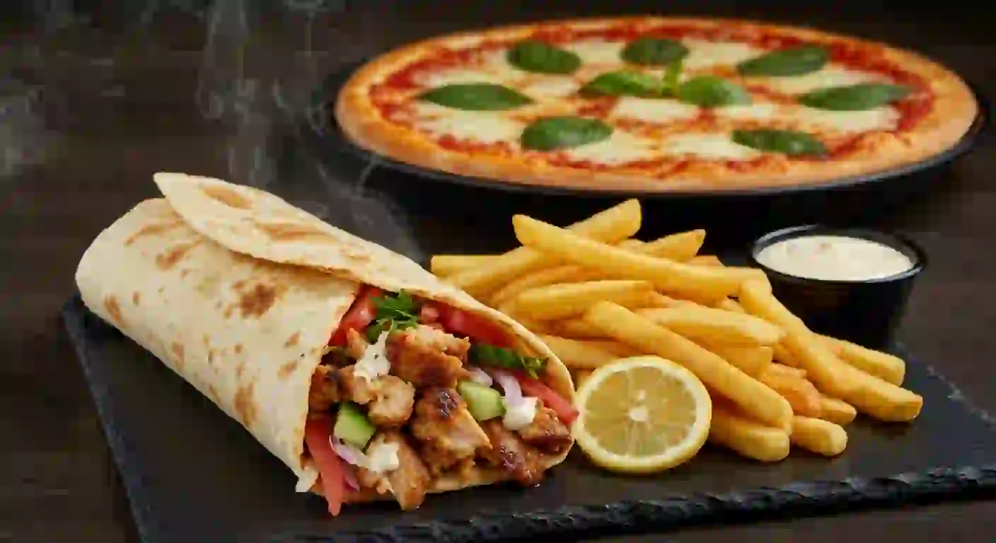 Shawarma + pizza + frites